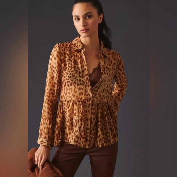 Anthropologie Tops - Anthropology BLUE TASSEL: Silk Leopard Tiered Blouse- Size Large
